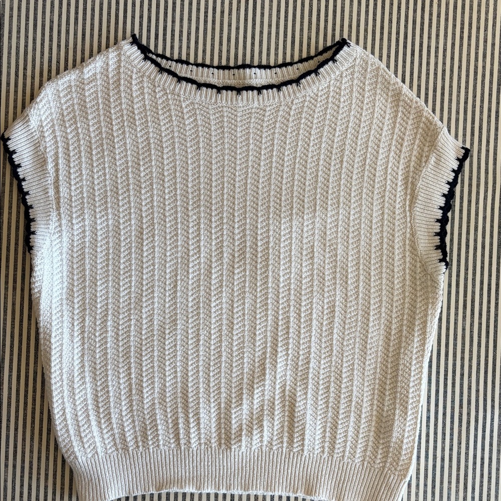 Cream Knit Sleeveless Sweater with Black Trim